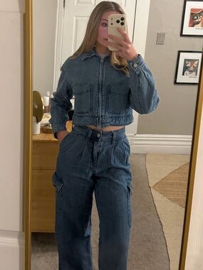 Denim Set Cargo Wide Leg Jeans & Cropped Jacket Set